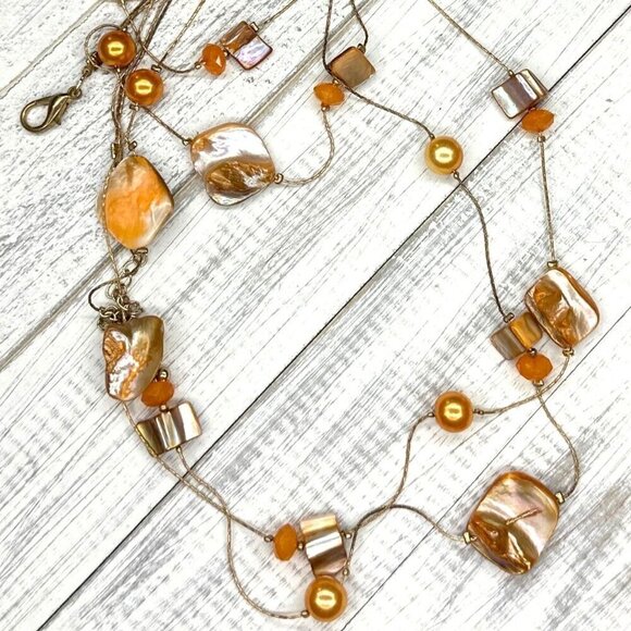 Seashell Beaded Necklace Double Strand Gold Tone Fall Tones - Picture 2 of 4